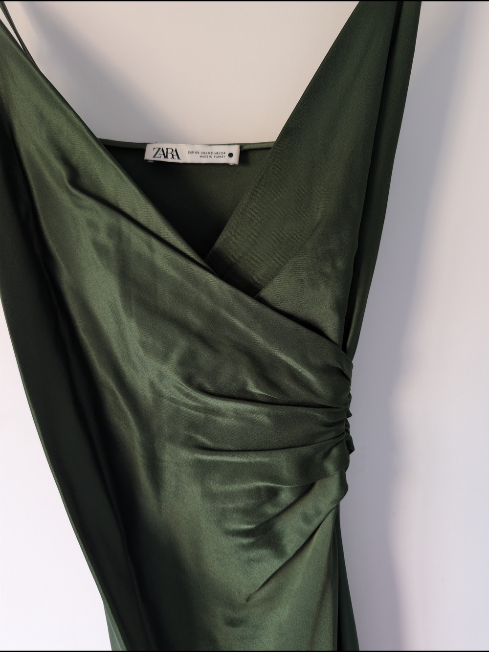 Zara Dark Green Satin One-Shoulder Wrap Dress